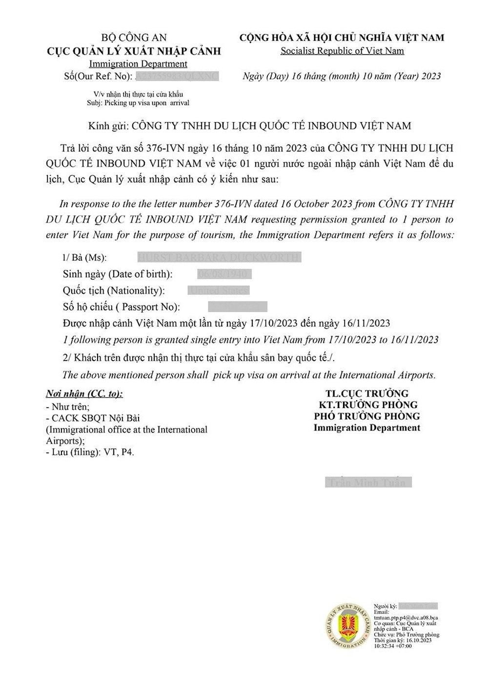 A demo of an approval letter sent by agencies to obtain VOA to Vietnam at the border (Source: My Vietnam Visa)